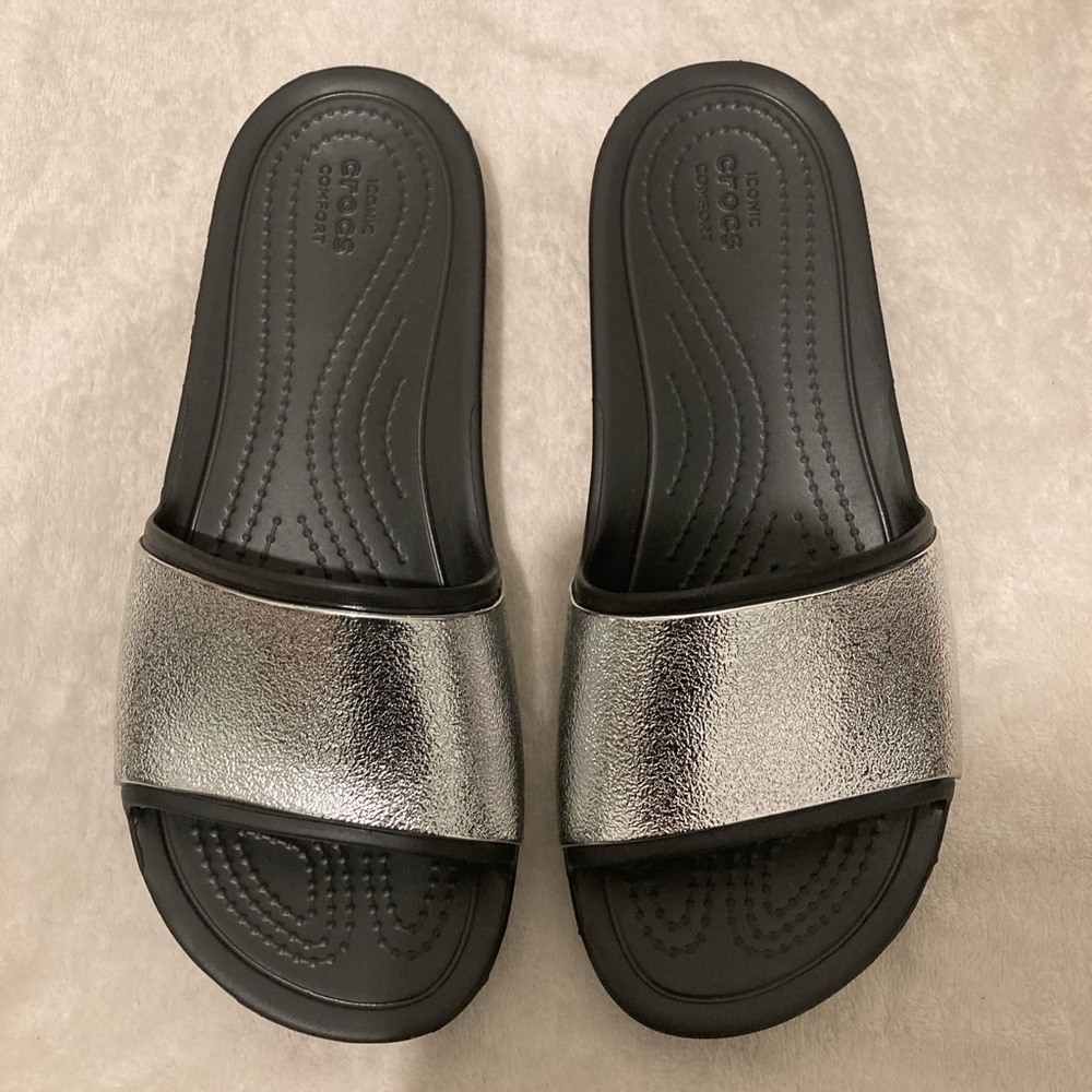 CROCS Women's Silver and Black Slide Sandals